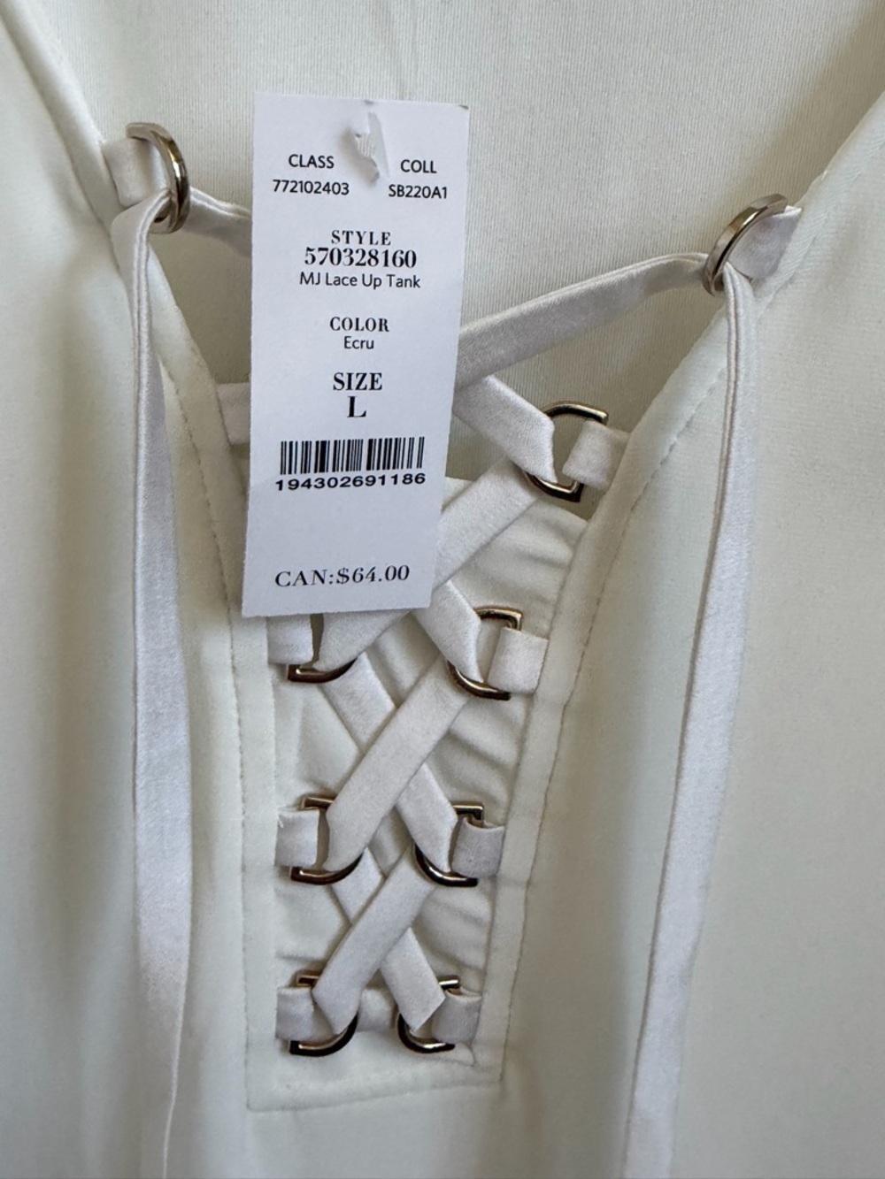 NWT new large WHBM White Lace-Up V-Neck Sleeveless Top - Picture 4 of 11